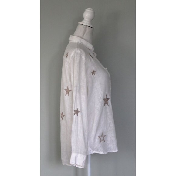 RAILS Charli White & Rose Gold Star Embroidery Linen Blend Button Shirt Top, XS - Picture 7 of 14